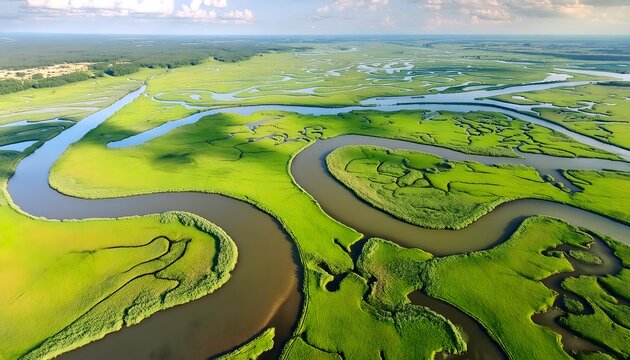 Aerial view of a wetland area with winding waterways, lush greenery, and diverse wildlife. 3