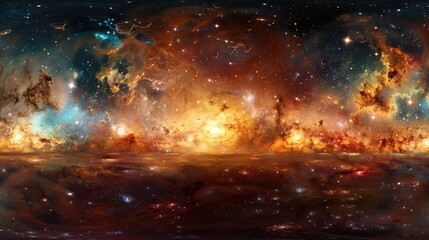 Wall Mural - A panoramic view of a galaxy with a large orange cloud in the middle