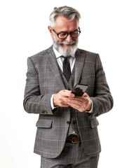 Wall Mural - A man in a suit and tie is looking at his cell phone