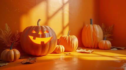 Wall Mural - Jack-o'-lanterns in a cozy autumn setting