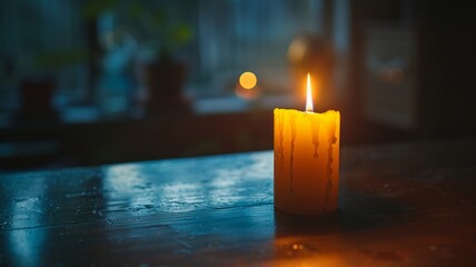 Wall Mural - Burning candle on a dark wooden table