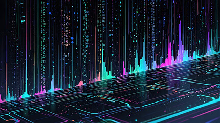 Wall Mural - An abstract design that reflects the theme of digital transformation, featuring elements like binary code, data flow, and futuristic interfaces with a high-tech color scheme
