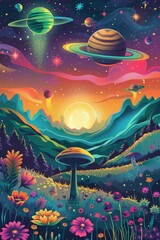 Wall Mural - a colorful painting of a field with a sun in the sky and a few mushrooms