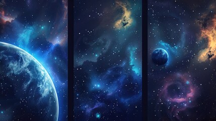 Wall Mural - Three panels of a space scene with a planet in the middle