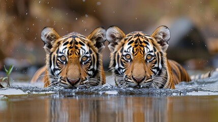 Wall Mural - Two tigers swimming together in tranquil forest waters