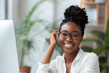 Smiling professional woman with glasses sitting at her desk in a modern office, surrounded by plants, exuding confidence and positivity