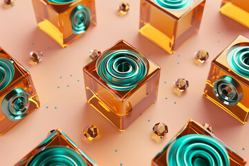 Wall Mural - Abstract 3D design with metallic amber cubes and teal spirals on a light peach backdrop, featuring concentric diamond patterns.