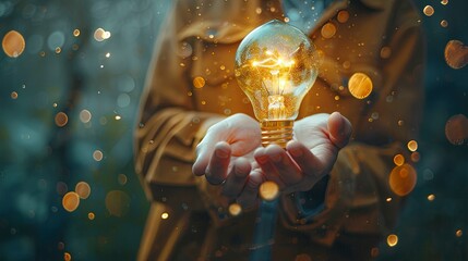 Man holding light bulbs, ideas of new ideas with innovative technology and creativity. concept creativity with bulbs that shine glitter. Generative ai