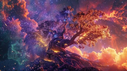 Wall Mural - a tree with many branches and leaves is shown in a colorful sky