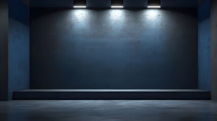 Empty Dark Blue Studio Background and Grey Floor Concrete perspective with blue soft light well editing Floor Display product and text present on Wall Room Empty free space Black Cement Backdrop photo