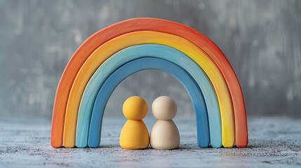 wooden toy figures under rainbow colored arches on a grey surface - symbol of diversity