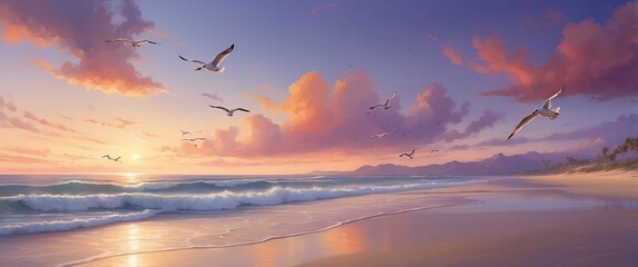 Canvas Print - Tranquil beach at sunset with waves lapping the shore, seagulls soaring, and a colorful sky Ideal for vacation themes, relaxation, and nature concepts