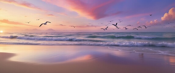 Canvas Print - A stunning beach at sunset with calm waves, seagulls flying, and a tranquil sky, perfect for travel, nature photography, vacation, and serene moments