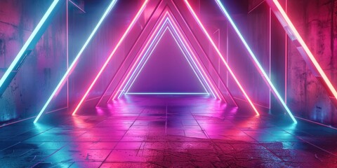 Wall Mural - A neon colored room with a long hallway with a triangle shaped wall