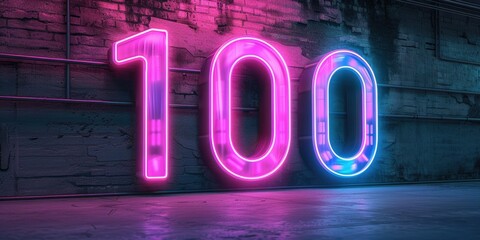 Poster - A neon sign with the number 100 in pink and blue letters