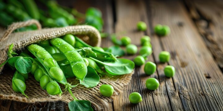 fresh green peas on rustic wooden background