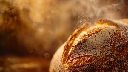 Wall Mural - A close-up of a freshly baked artisan bread loaf with a golden brown crust. Steam rises from the bread, creating a warm and inviting atmosphere