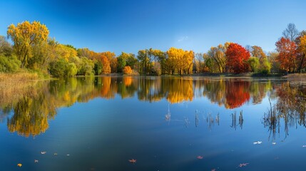 Wall Mural - A panoramic view of a serene lake surrounded by colorful autumn foliage. The vibrant hues of the trees are reflected in the still water, creating a beautiful and peaceful scene