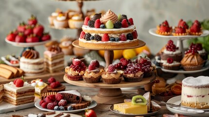 Wall Mural -  Decadent Dessert Display A closeup photo of an assortment of desserts arranged on a tiered stand including cakes