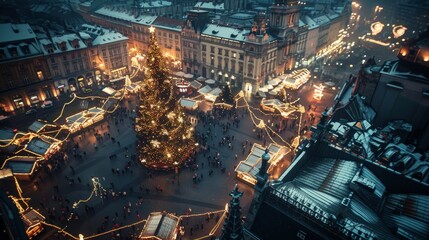 Wall Mural - A high-angle view of a decorated city square during Christmas time, with a large Christmas tree as the centerpiece