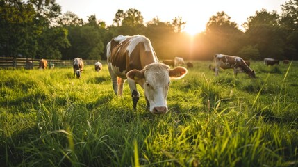 Wall Mural - A wide-angle photo of cows grazing in a lush green pasture at sunset. The sun shines brightly through the trees in the background