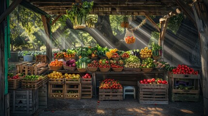 Wall Mural - A vibrant farmers market stall overflowing with fresh fruits and vegetables bathed in sunlight