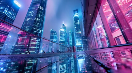 Wall Mural - A wide-angle photo of a futuristic cityscape with illuminated skyscrapers. The photograph was taken at night and captures the vibrant glow of neon lights reflecting off wet pavement