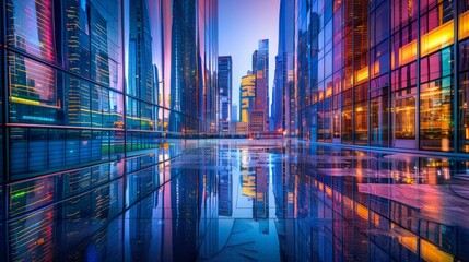 Wall Mural - A wide-angle view of a modern city skyline featuring towering skyscrapers with futuristic architecture reflected in a glass facade