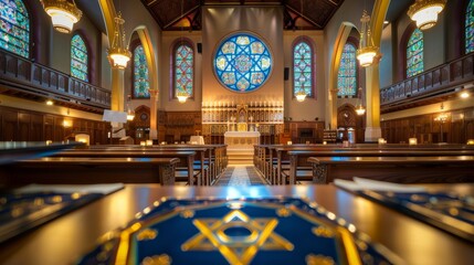 Wall Mural - A photograph showcasing the interior of a Jewish synagogue featuring wooden pews, stained glass windows, and a Star of David symbol