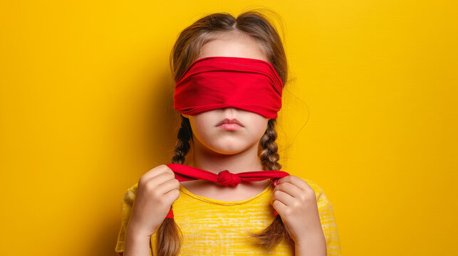 portrait of a young girl kid with a blindfold on yellow background