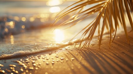 Wall Mural - A close-up photo of a sandy beach at sunset with golden light illuminating the waves