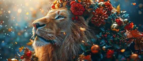 Close-up shot of a lion, holiday-themed mane adorned with Christmas ornaments, festive decor, bright summer backdrop, joyful wildlife celebrating Christmas in July, vibrant and lively CG 3D rendering