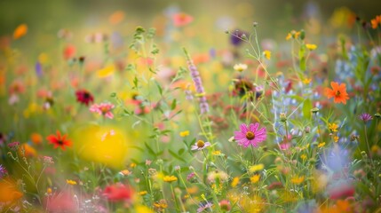 Wall Mural - A close-up photo of a field of wildflowers in full bloom with a variety of colors, including pink, purple, yellow, and red