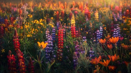 Wall Mural - A closeup photo of a field of wildflowers in bloom at sunset. The flowers are a variety of colors, including red, purple, yellow, and orange