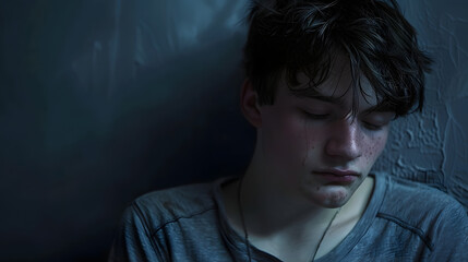 Wall Mural - Depressed Young man, Teenager, Boy, Suffering From Depression, Youth Mental Health Crisis, PTSD, Secondary High School Student Depression, Youth Homelessness, Generative AI