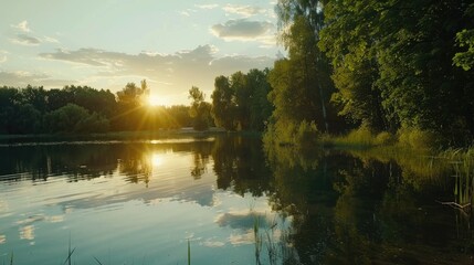 Wall Mural - a lake with a beautiful sunset in the background
