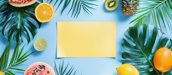 Sticker - Summer composition featuring tropical palm leaves, fruits, and blank yellow paper against a pastel blue background. Embracing the essence of summer with a flat lay layout, top view