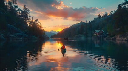  Tranquil Lakeside Sunset Lone Canoeist Glides Across Mirrored Waters Amidst Majestic Forest and Mountains