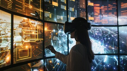 Programming, ai code and use virtual reality with focus, hologram and digital software with cyber security, futuristic and website development. Male, coder or trader with data analysis and security