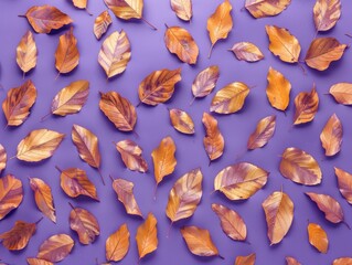 Sticker - A purple background with a lot of orange leaves scattered around it