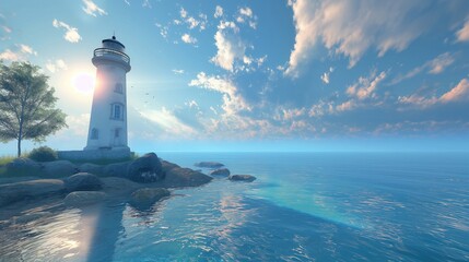 The lighthouse stood tall as a beacon of navigation against the blue sky, its light guiding travelers along the coast, where the beach met the vast ocean, creating a picturesque landscape of nature's 