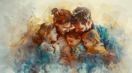 Wall Mural - Intimate Family Embrace in Soft Watercolor Tones