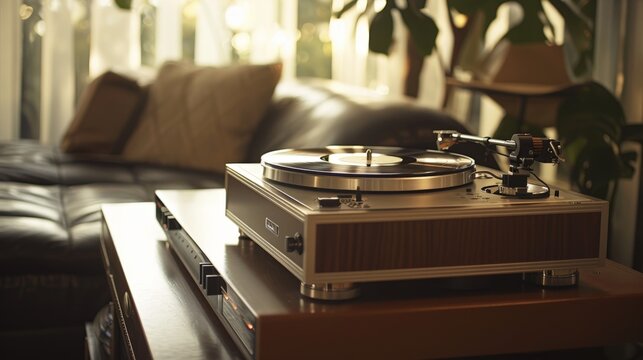 A classic vinyl record player with a spinning LP filling the room with nostalgic tunes and memories of the golden age of music
