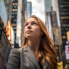 confident and professional young american businesswoman standing and looking up at modern corporate 