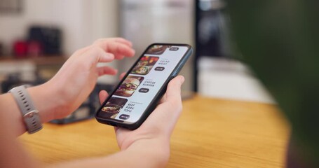 Poster - Food delivery, website and smartphone on hands of person on table for order, online shopping and internet. Ux, technology and scrolling with customer browsing at home for offer, menu and choice