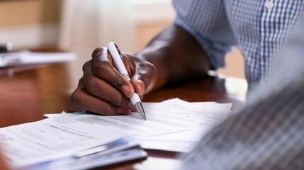 A man is writing with a pen on a piece of paper