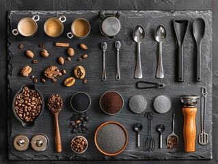 Wall Mural - Documentary style photo of barista accessories laid out on a stone black background with copyspace