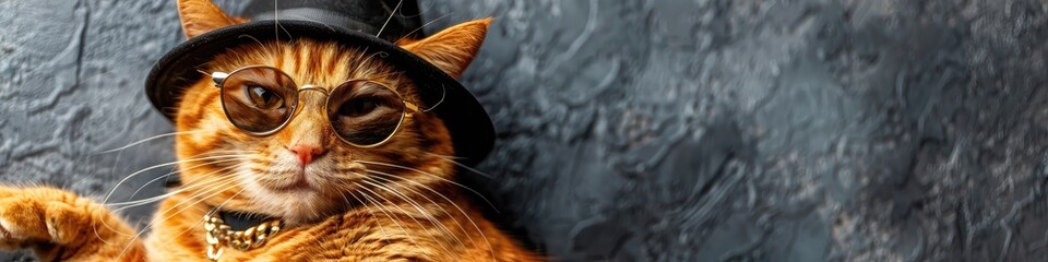 Poster - A cat wearing sunglasses and a hat is sitting on a grey surface