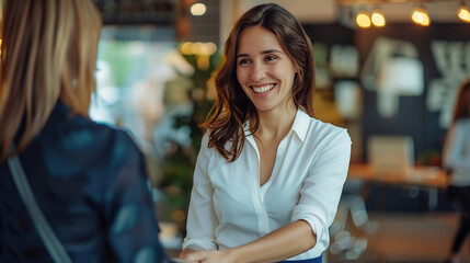 Wall Mural - smiling businesswoman shaking hands with a colleague in a modern office, exuding professionalism and
