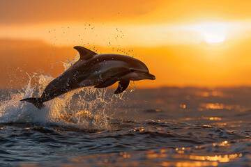 Wall Mural - Majestic dolphin leaping out of the water at sunset, creating a stunning and dynamic wildlife photography composition